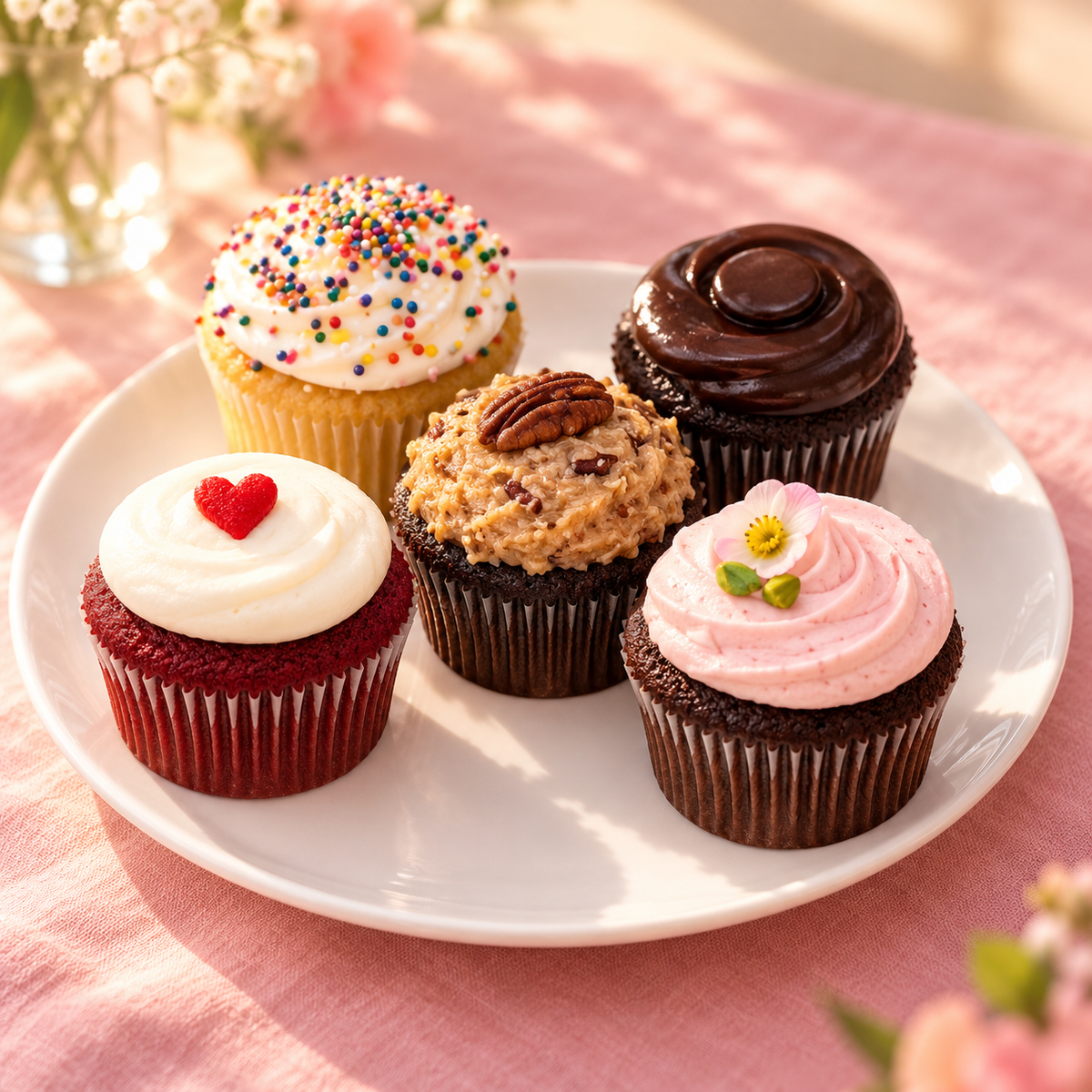 Assorted cupcakes on a white plate with soft pink luxury bakery styling